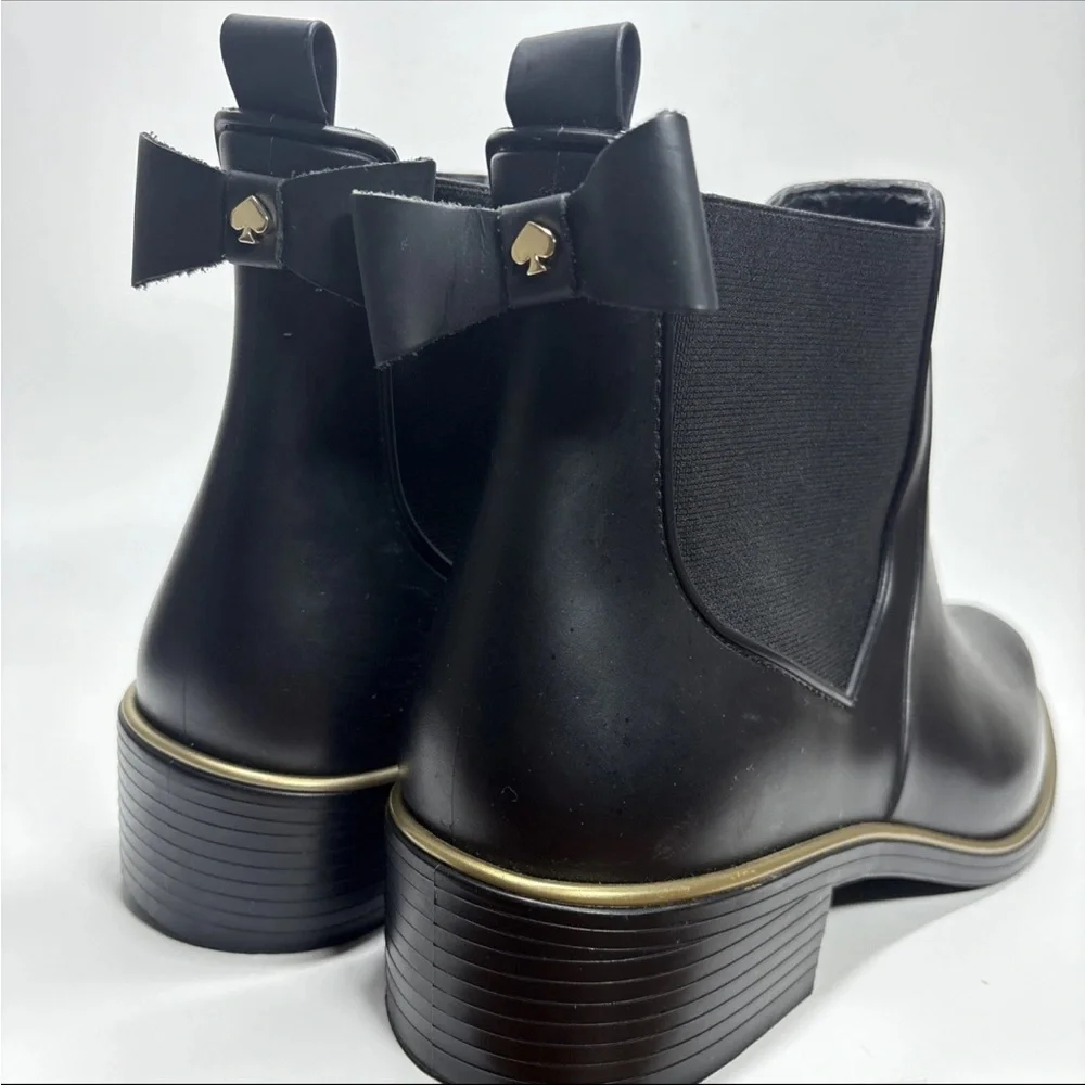 Kate Spade Rain Boots 10 Black Rubber  Bow Accents pull on ankle Edimburg